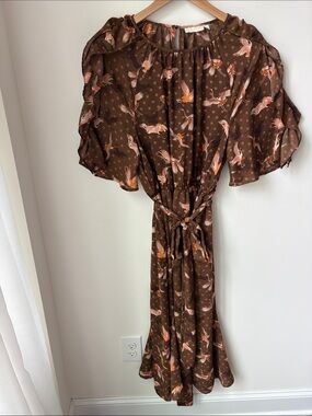 Happy X Nature By Kate Hudson Crane Polka Dot Midi Tie Waist Dress Brown Size L